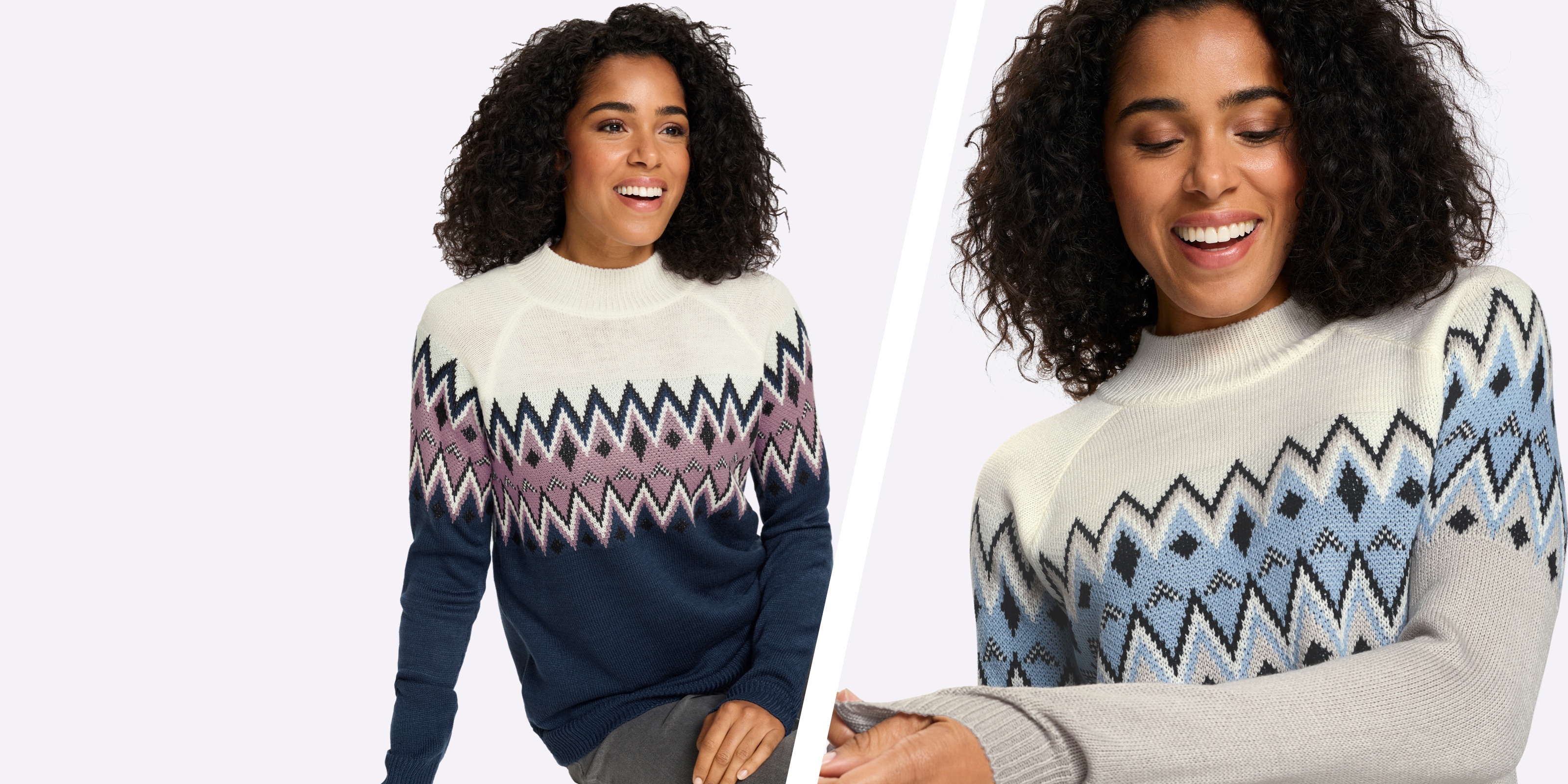 Ein Model trägt einen Strickpullover mit Rundhalsausschnitt und geometrischem Zickzackmuster in Blau, Weiß und Rosa.