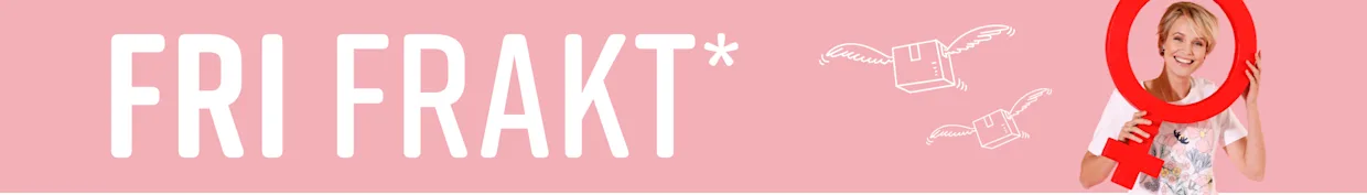 En modell håller en stor röd kvinnosymbolring framför sig, bär en vit t-shirt med blommönster mot en rosa bakgrund. Fri frakt annonseras.