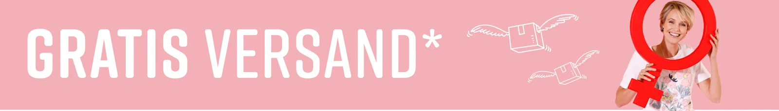 Ein Model hält einen großen roten Frauen-Symbol-Ring vor sich, trägt ein weißes T-Shirt mit floralem Druck vor rosa Hintergrund. Gratis Versand wird ausgelobt.