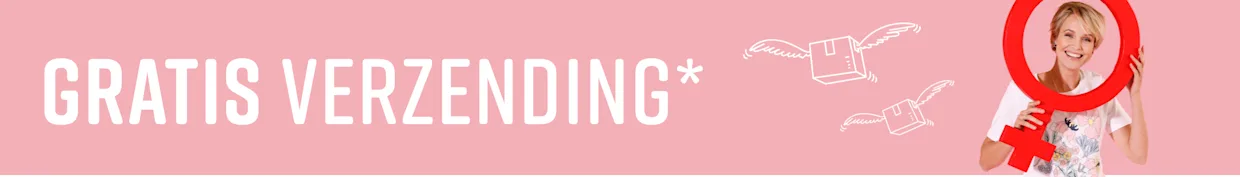 Een model houdt een grote rode vrouwensymboolring voor zich, draagt een wit T-shirt met bloemenprint tegen een roze achtergrond. Gratis verzending wordt aangekondigd.