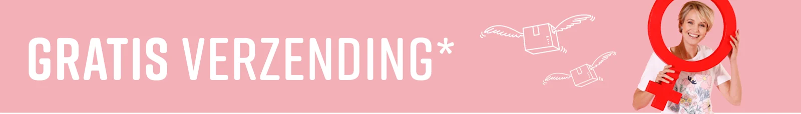 Een model houdt een grote rode vrouwensymboolring voor zich, draagt een wit T-shirt met bloemenprint tegen een roze achtergrond. Gratis verzending wordt aangekondigd.