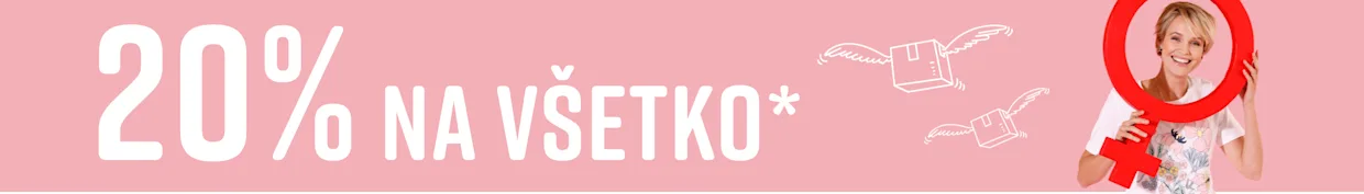 Jeden model drží veľký červený ženský symbol pred ružovým pozadím, má na sebe biele tričko s kvetinovým vzorom. Text uvádza '20% na všetko'.