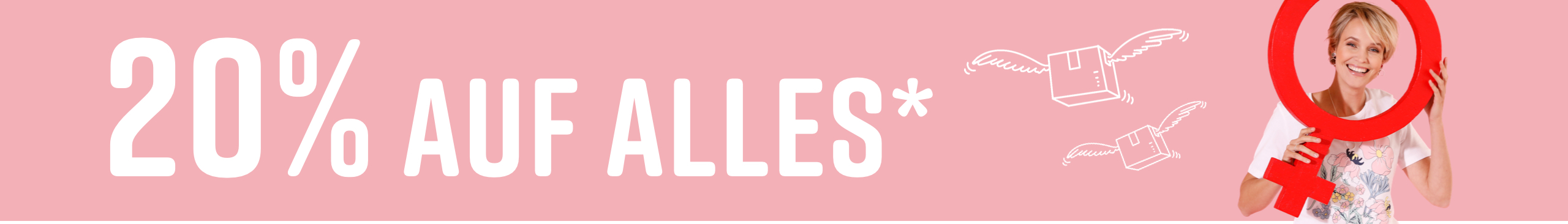 Ein Model hält vor rosa Hintergrund einen großen roten Frauen-Symbol-Ring, trägt weißes T-Shirt mit floralem Druck. Text zeigt '20% auf alles'.