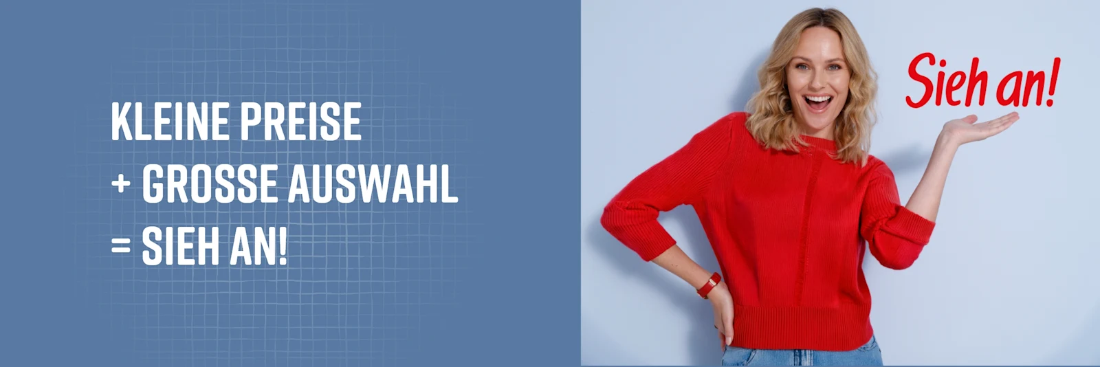 Bildbox mit blauem Hintergrund und rechts dem Text: kleine Preise + große auswahl = Siehan und links ein Bild von einer lächelnden Frau in rotem Pullover Bildbox mit blauem Hintergrund und rechts dem Text: kleine Preise + große auswahl = Siehan und links ein Bild von einer lächelnden Frau in rotem Pullover