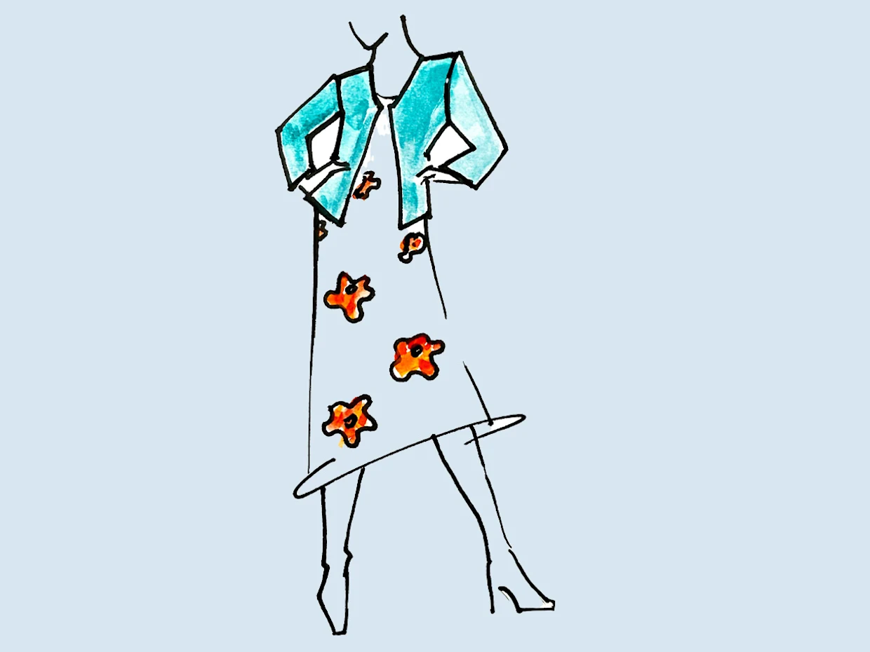 Illustratie van een jurk met oranje XXL-bloemen en een turquoise jasje, ontworpen om de aandacht van de taille af te leiden. Illustratie van een jurk met oranje XXL-bloemen en een turquoise jasje, ontworpen om de aandacht van de taille af te leiden.