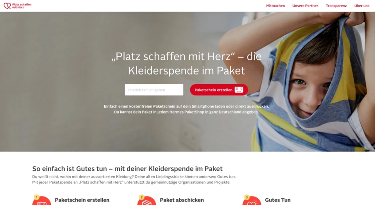 Webseite von Platz schaffen mit Herz mit Informationen zur Kleiderspende im Paket, Button zum Erstellen eines Paketscheins und Anleitung zum Ablauf der Spende. Webseite von Platz schaffen mit Herz mit Informationen zur Kleiderspende im Paket, Button zum Erstellen eines Paketscheins und Anleitung zum Ablauf der Spende.
