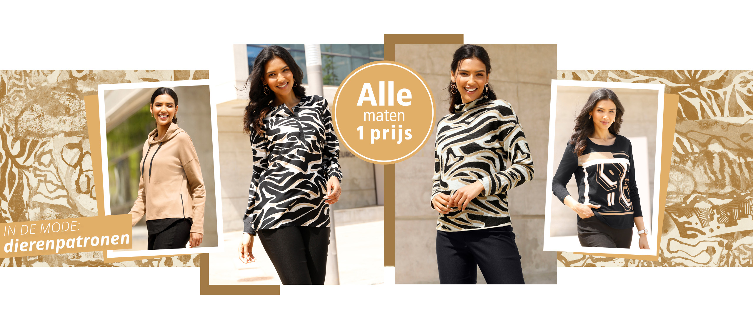 vier modellen als collage op shirts met dierenprint