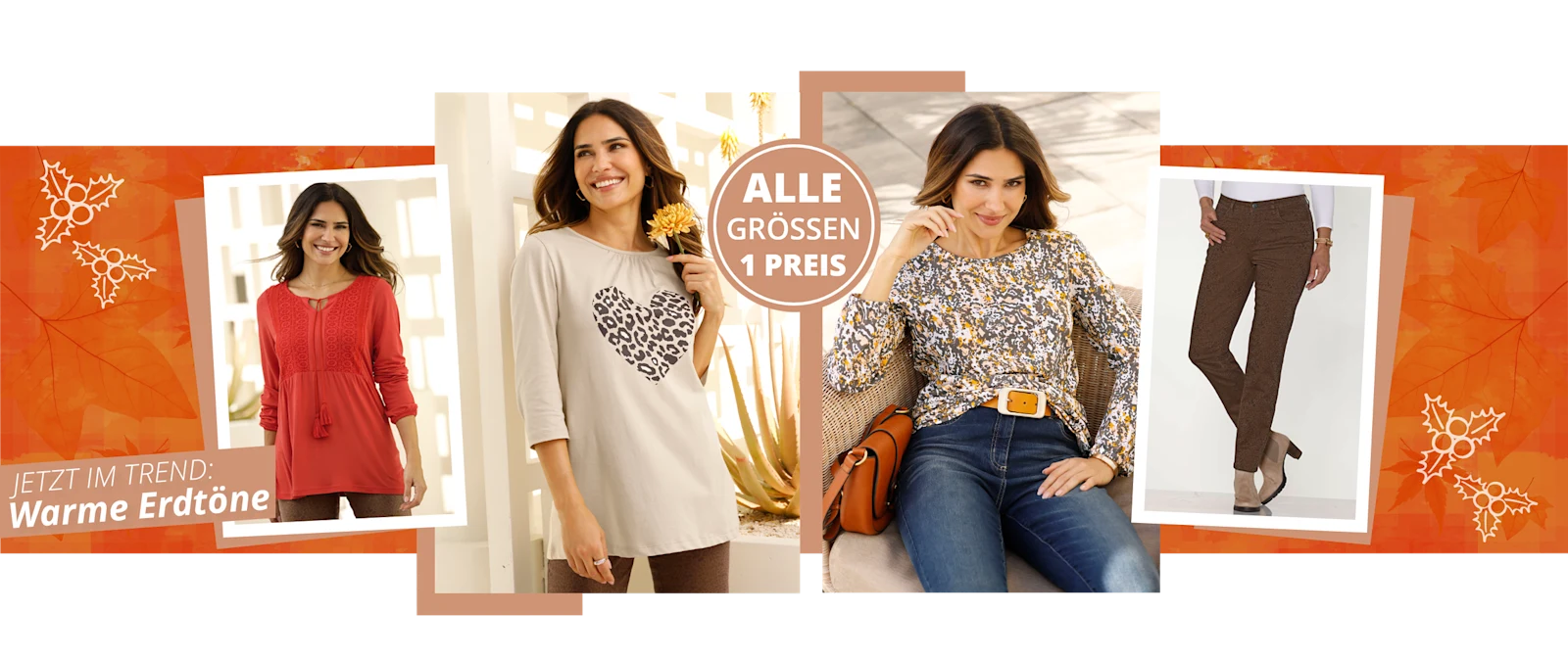Vier Models zeigen herbstliche Damenmode in warmen Erdtönen mit Pullovern, Blusen und Hosen, vor orangefarbenem Hintergrund. Vier Models zeigen herbstliche Damenmode in warmen Erdtönen mit Pullovern, Blusen und Hosen, vor orangefarbenem Hintergrund.