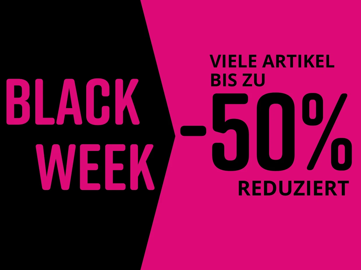Schwarzer und pinkfarbener Hintergrund für Black Week. Text: VIELE ARTIKEL BIS ZU -50% REDUZIERT.