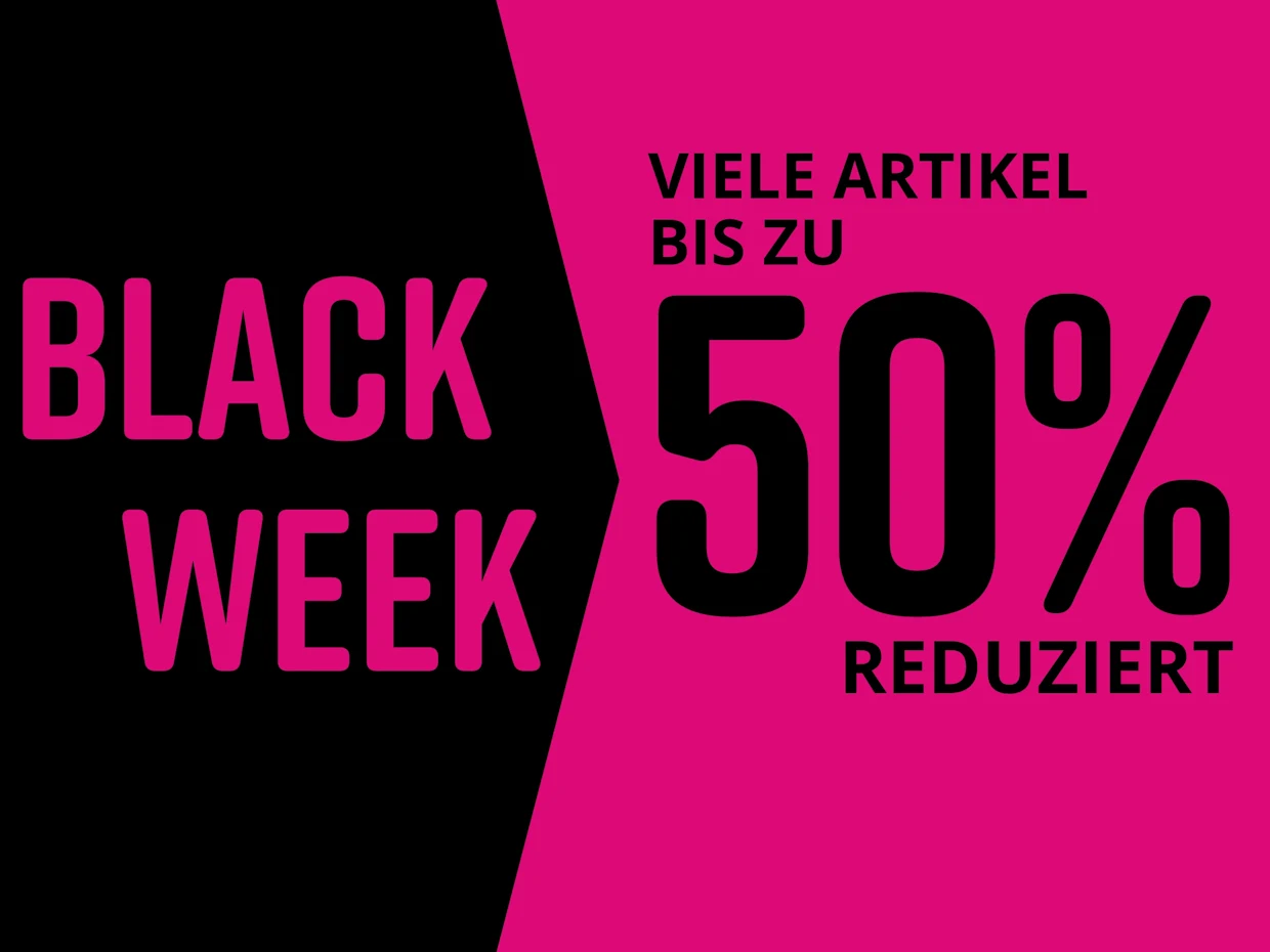 Schwarzer und pinkfarbener Hintergrund für Black Week. Text: IELE ARTIKEL BIS ZU -50% REDUZIERT.