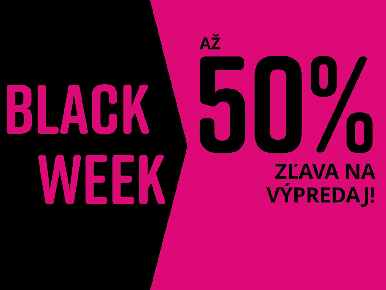 Čierne a ružové pozadie pre Black Week. Text: VIELE ARTIKEL BIS ZU -50% REDUZIERT.