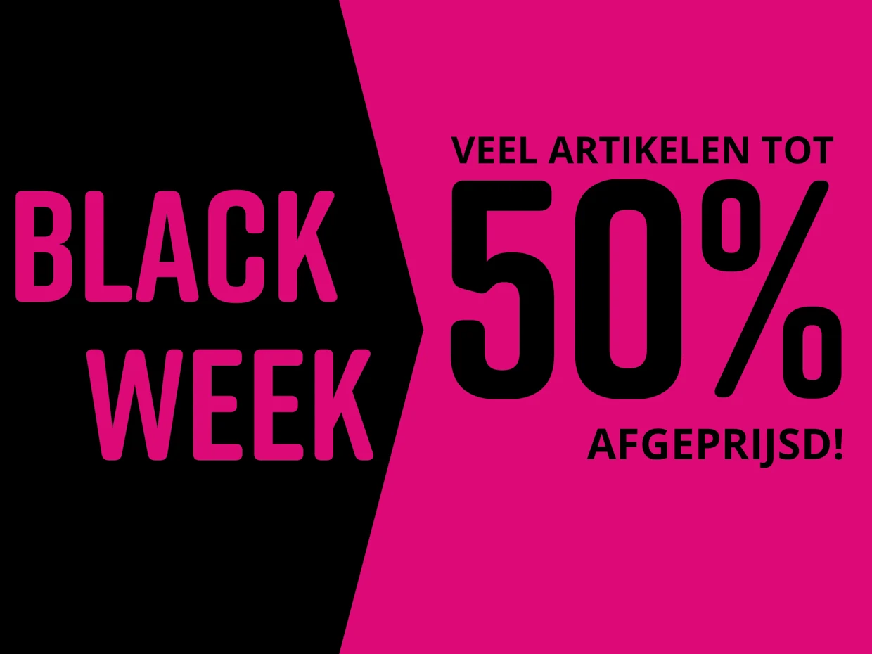 Zwarte en roze achtergrond voor Black Week. Tekst: VIELE ARTIKEL BIS ZU -50% REDUZIERT.