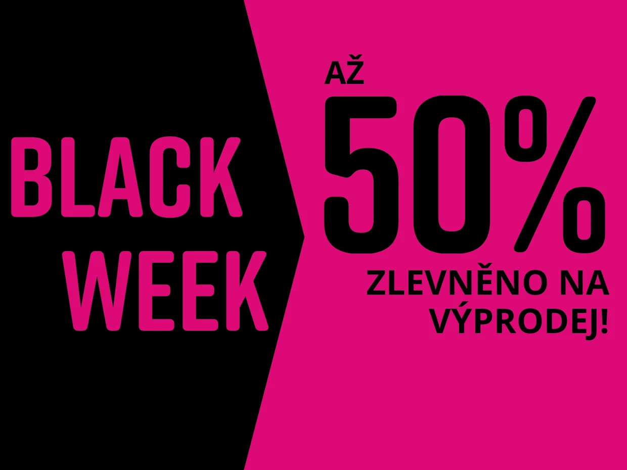 Černé a růžové pozadí pro Black Week. Text: VIELE ARTIKEL BIS ZU -50% REDUZIERT.