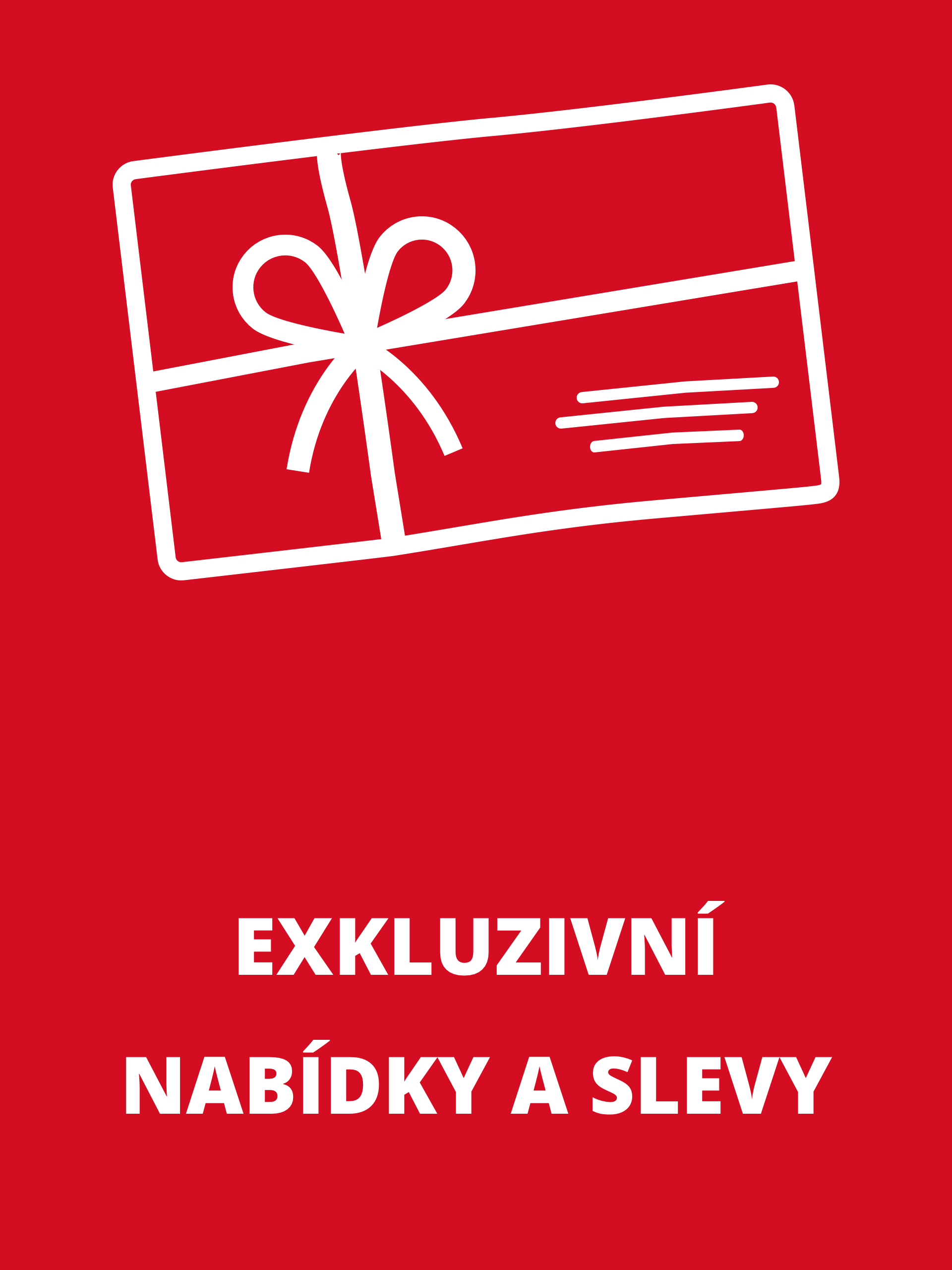 Červená grafika s obrázkem dárku a textem 'EXKLUZIVNÍ NABÍDKY A SLEVY'.