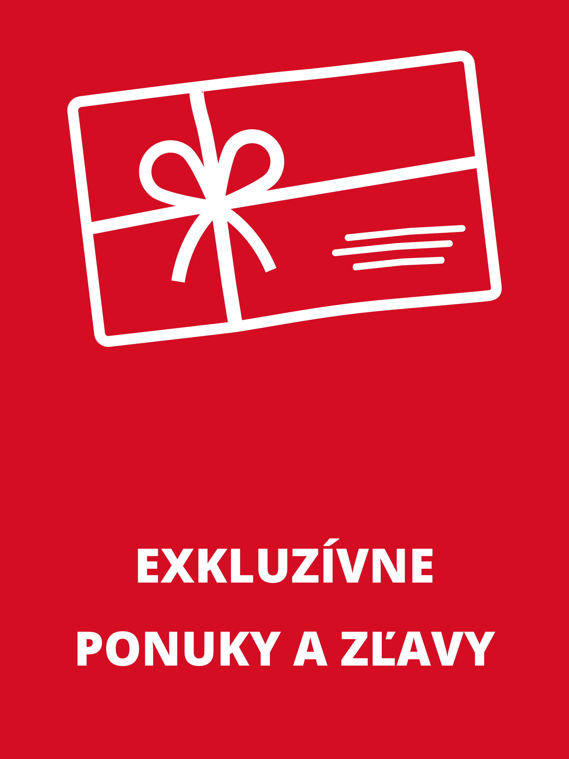 Červená grafika s obrázkom darčeka a textom 'EXKLUZÍVNE PONUKY A ZĽAVY'.