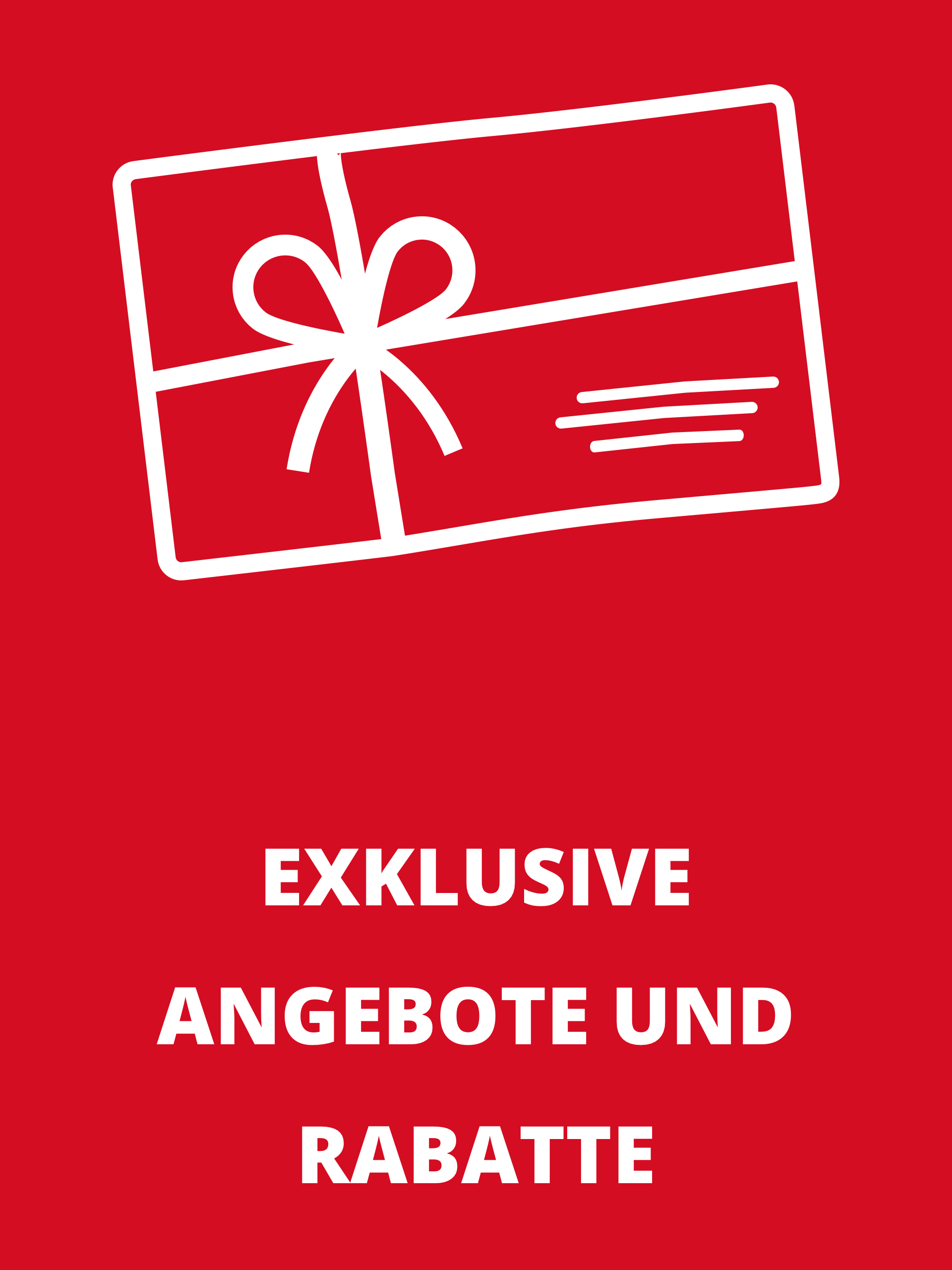 Rote Grafik mit einem Geschenk-Symbol und dem Text 'EXKLUSIVE ANGEBOTE UND RABATTE'.
