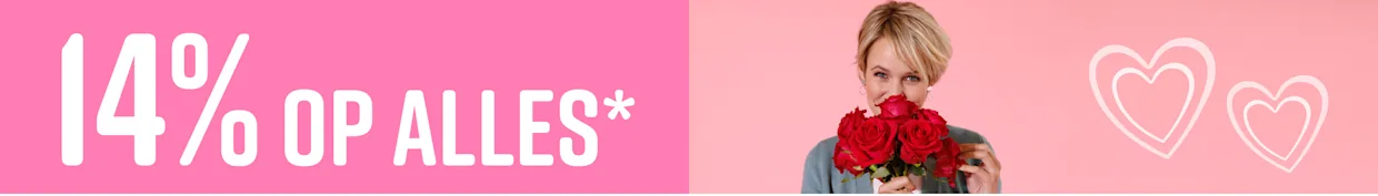 Een model houdt een bos rode rozen voor zich, daarnaast staat '14% korting op alles' op een roze achtergrond.