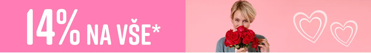 Model drží kytici červených růží, vedle je text '14% na vše' na růžovém pozadí.