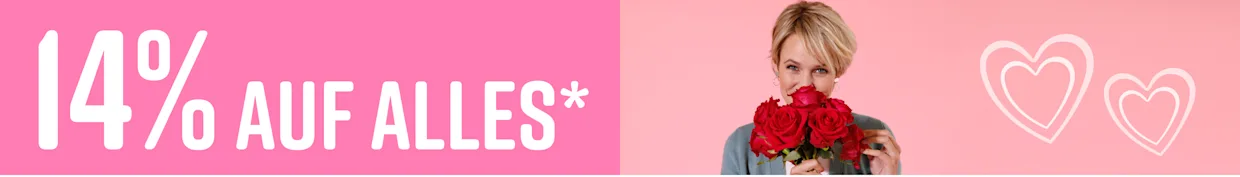 Ein Model hält einen Strauß roter Rosen vor sich, daneben steht '14% auf alles' auf rosa Hintergrund.