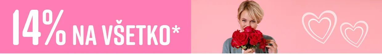 Model drží kyticu červených ruží, vedľa je text '14% na všetko' na ružovom pozadí.