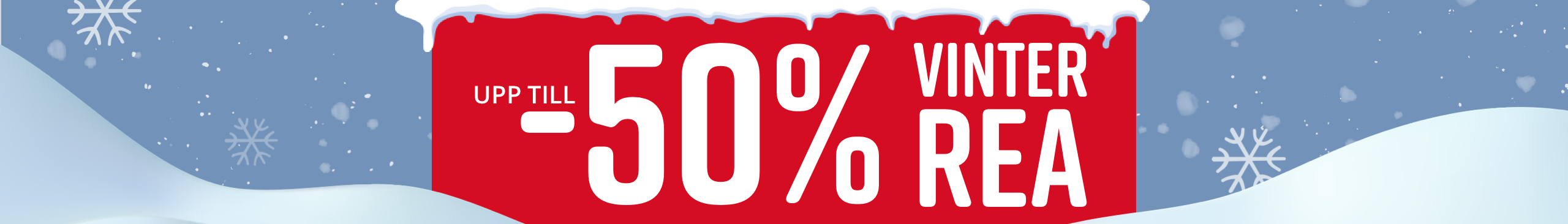Röd skylt med texten 'Upp till -50% vintersale' framför ett vinterlandskap med snöflingor.