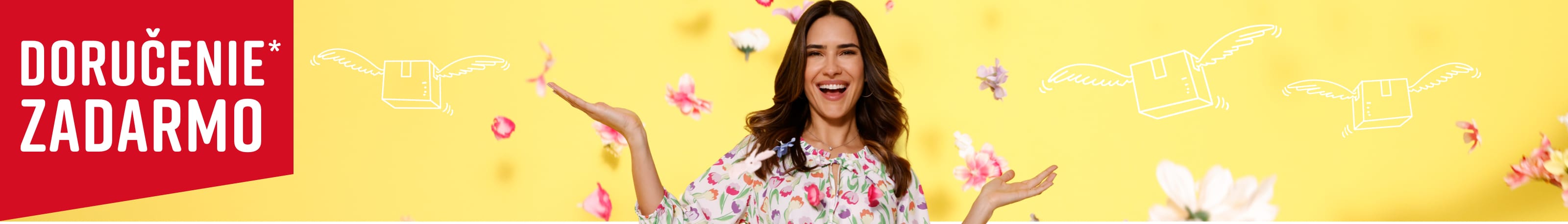 Model v kvetovanej blúzke drží obe ruky do strán na žltom pozadí. Farebné okvetné lístky a malé biele balíky s krídlami okolo nej lietajú. Text na obrázku: 'Doručenie zadarmo'.