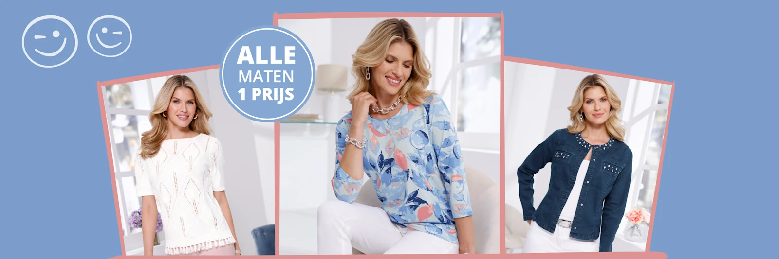 Drie foto's van een model in verschillende outfits: wit shirt, blauw patroon blouse, blauwe spijkerjas, telkens met witte broek. Opschrift Alle maten één prijs. Drie foto's van een model in verschillende outfits: wit shirt, blauw patroon blouse, blauwe spijkerjas, telkens met witte broek. Opschrift Alle maten één prijs.
