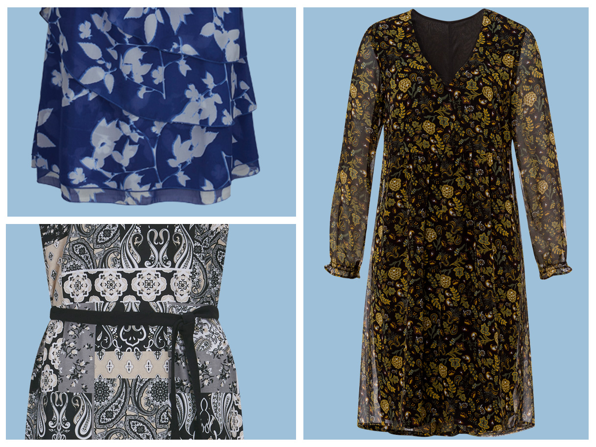 Drei verschiedene Damenkleider mit floralen Mustern auf blauem Hintergrund: ein blaues Kleid mit weißen Blumen, ein schwarz-goldenes Kleid mit langen Ärmeln und ein schwarz-weißes Kleid mit Patchwork-Design und Gürtel.