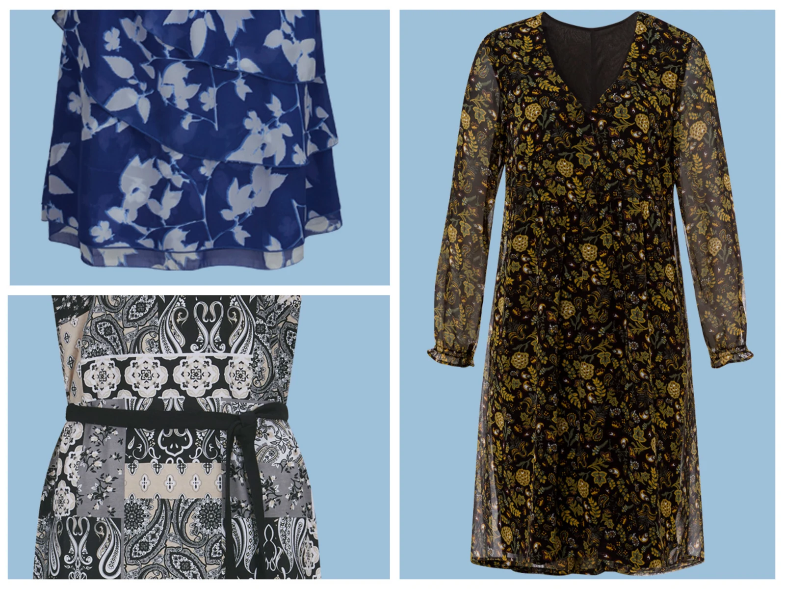 Drei verschiedene Damenkleider mit floralen Mustern auf blauem Hintergrund: ein blaues Kleid mit weißen Blumen, ein schwarz-goldenes Kleid mit langen Ärmeln und ein schwarz-weißes Kleid mit Patchwork-Design und Gürtel.