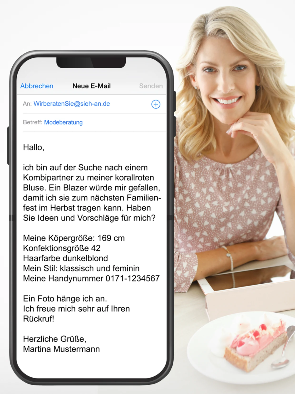Smartphone mit einer E-Mail zur Modeberatung, daneben eine Frau in rosa gemusterter Bluse, im Vordergrund ein Teller mit Kuchen. Smartphone mit einer E-Mail zur Modeberatung, daneben eine Frau in rosa gemusterter Bluse, im Vordergrund ein Teller mit Kuchen.