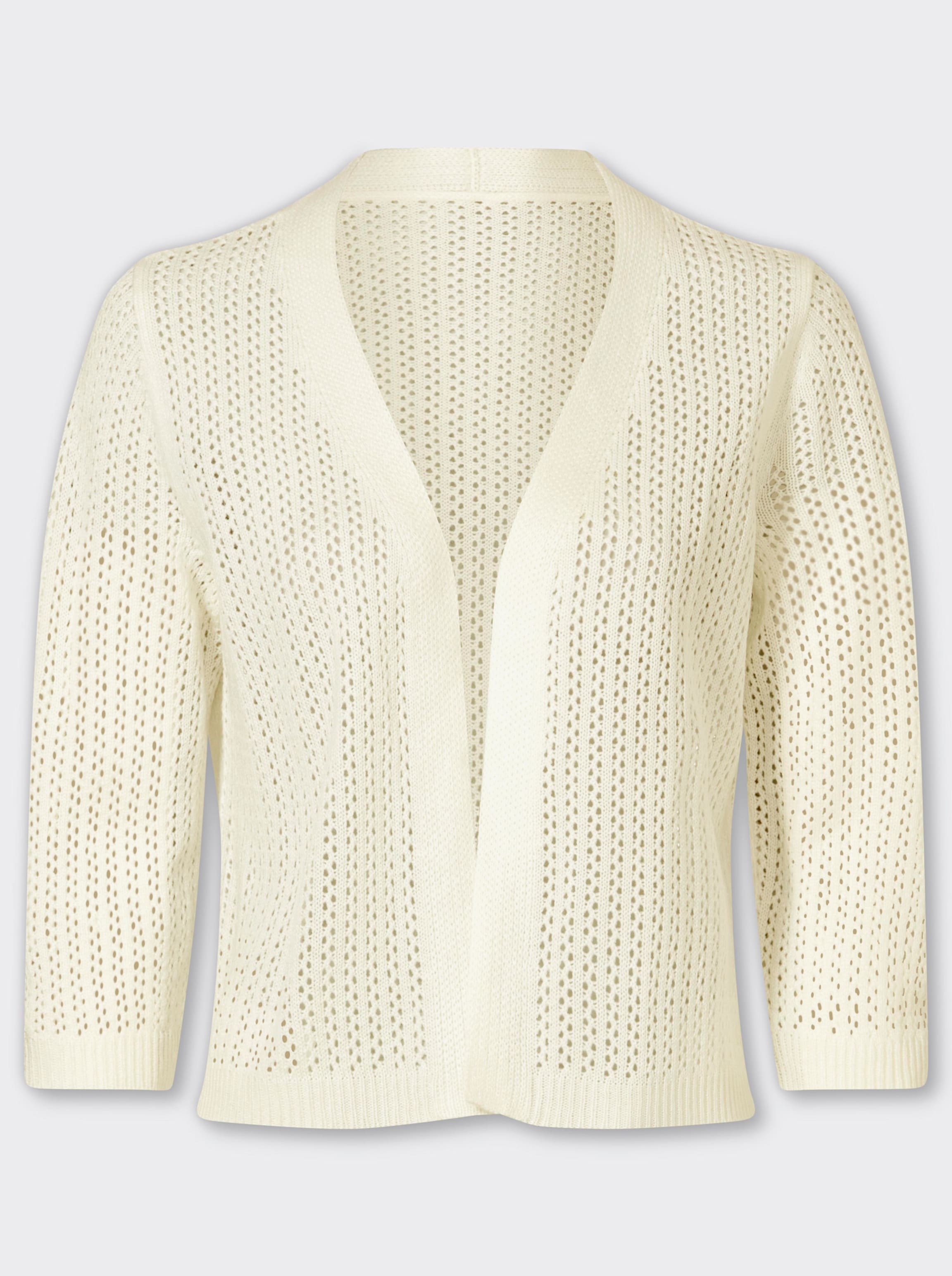 Bild von einem weißen Cardigan in offener, etwas kürzerer Form. 