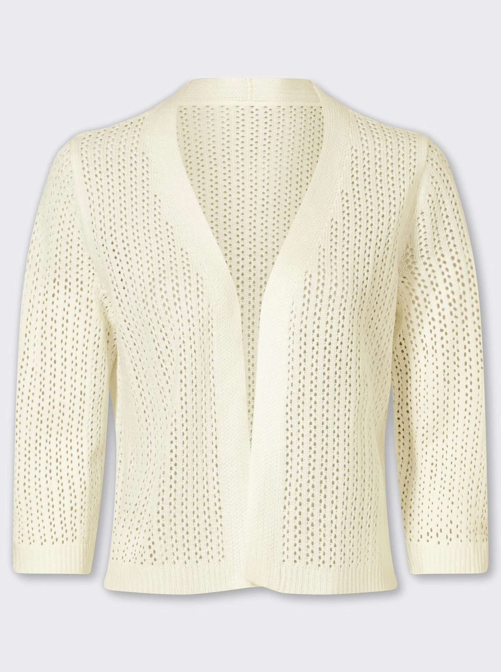 Bild von einem weißen Cardigan in offener, etwas kürzerer Form.