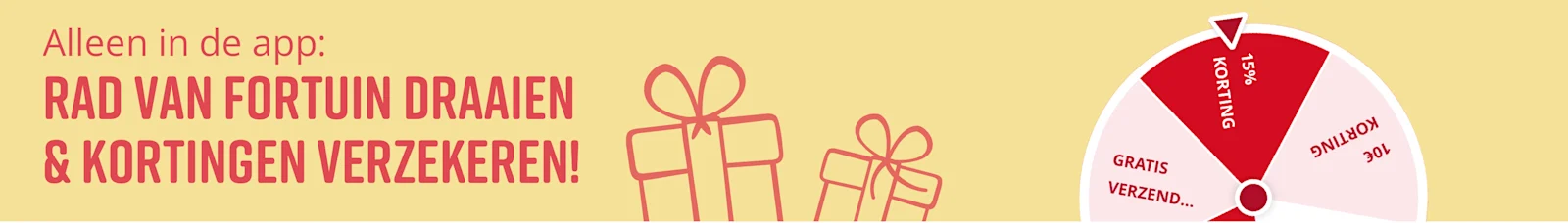 Een rad van fortuin met aanbiedingen 15% korting en gratis verzending op een gele achtergrond, tekst: 'Alleen in de app: Rad van fortuin draaien & kortingen verzekeren!'
