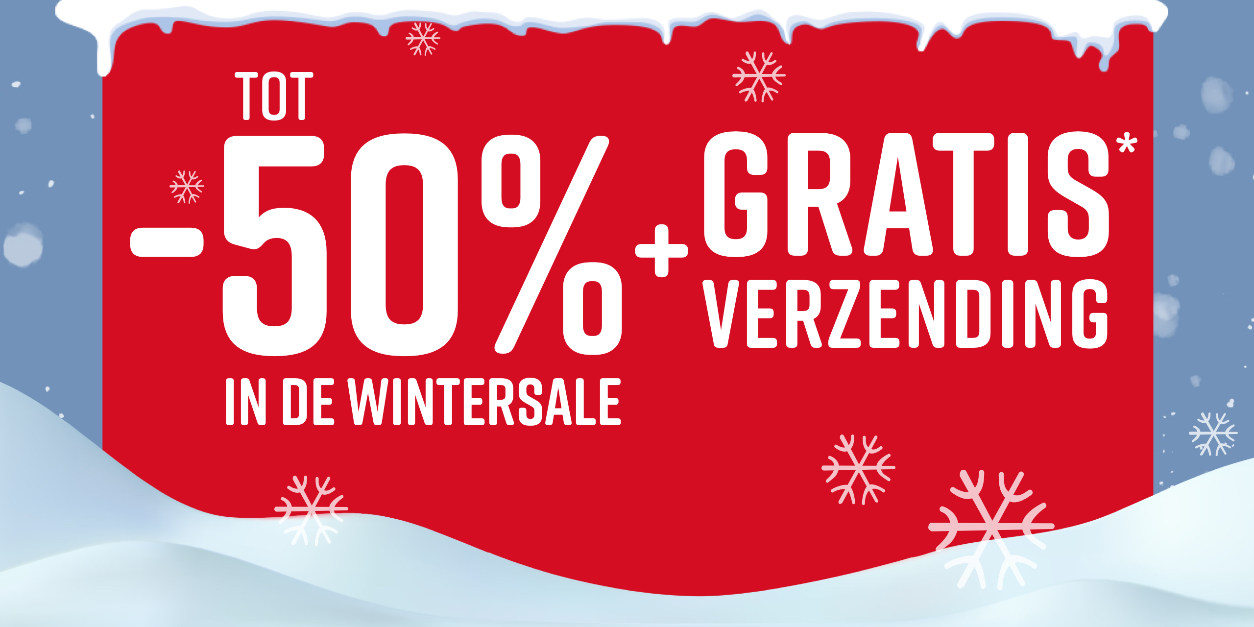 Rode reclamebanner met witte tekst die tot 50% korting en gratis verzending tijdens de wintersale aankondigt. Sneeuwvlokken en sneeuw zijn op de achtergrond zichtbaar.