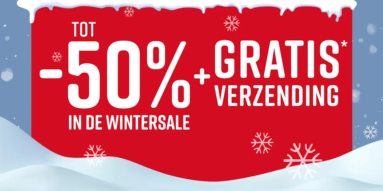Rode reclamebanner met witte tekst die tot 50% korting en gratis verzending tijdens de wintersale aankondigt. Sneeuwvlokken en sneeuw zijn op de achtergrond zichtbaar.