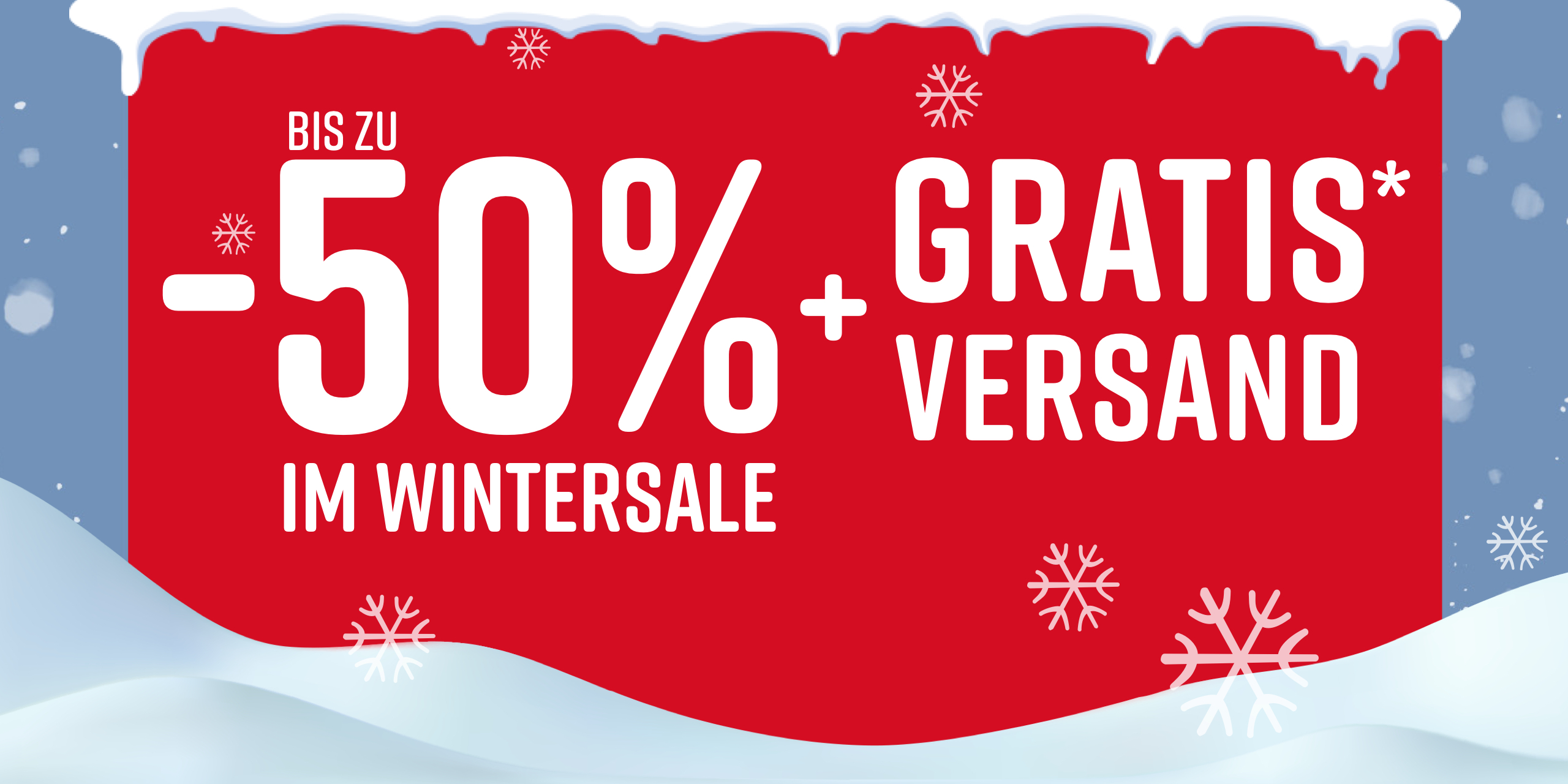 Roter Werbebanner mit weißem Text, der bis zu 50% Rabatt und kostenlosen Versand im Wintersale ankündigt. Schneeflocken und Schnee sind im Hintergrund sichtbar.