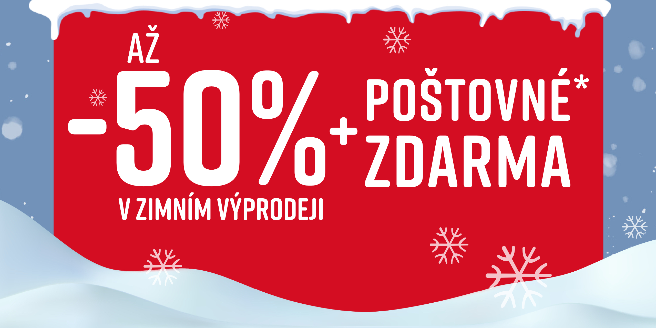 Červený reklamní banner s bílým textem, který oznamuje slevu až 50 % a bezplatné doručení během zimního výprodeje. V pozadí jsou vidět sněhové vločky a sníh.