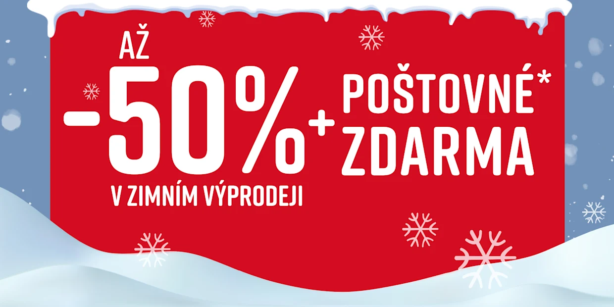 Červený reklamní banner s bílým textem, který oznamuje slevu až 50 % a bezplatné doručení během zimního výprodeje. V pozadí jsou vidět sněhové vločky a sníh.