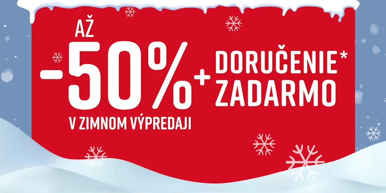 Červený reklamný banner s bielym textom oznamujúci zľavu až 50 % a bezplatné doručenie počas zimného výpredaja. V pozadí sú viditeľné snehové vločky a sneh.