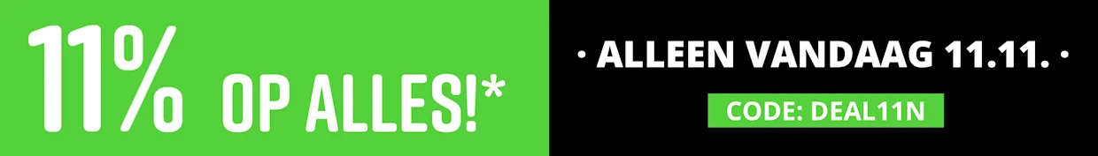 Twee gekleurde delen: links groen met witte tekst '11% OP ALLES!*', rechts zwart met witte tekst 'ALLEEN VANDAAG 11.11.'