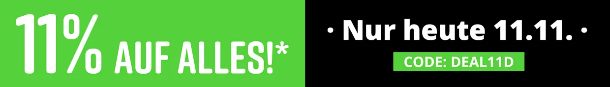 Zwei farbige Bereiche: Links grün mit weißer Schrift '11% AUF ALLES!*', rechts schwarz mit weißer Schrift 'NUR HEUTE 11.11.'