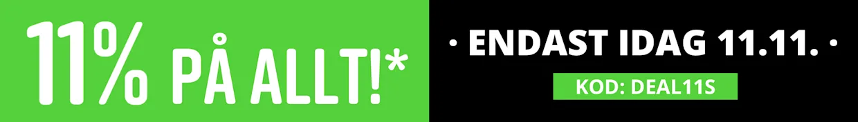 Två färgade sektioner: vänster grön med vit text '11% PÅ ALLT!*', höger svart med vit text 'ENDAST IDAG 11.11.'