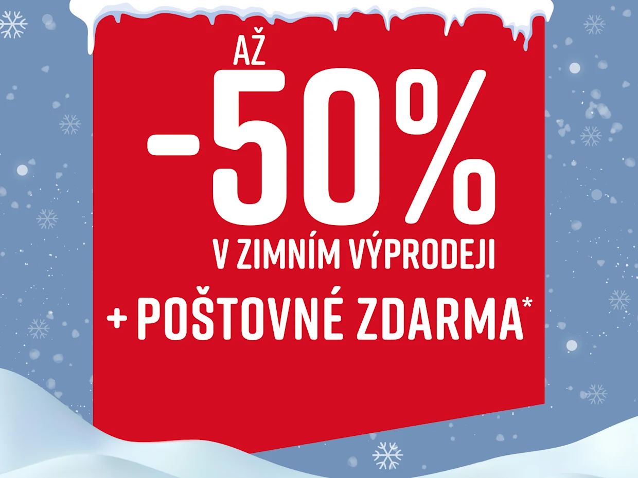 Červený reklamní banner s bílým textem, který oznamuje slevu až 50 % a bezplatné doručení během zimního výprodeje. V pozadí jsou vidět sněhové vločky a sníh.