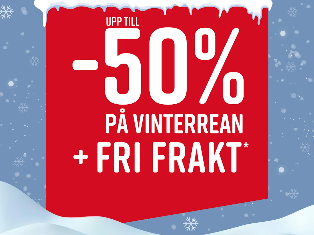 Röd reklambanner med vit text som annonserar upp till 50 % rabatt och fri frakt under vintersalget. Snöflingor och snö syns i bakgrunden.