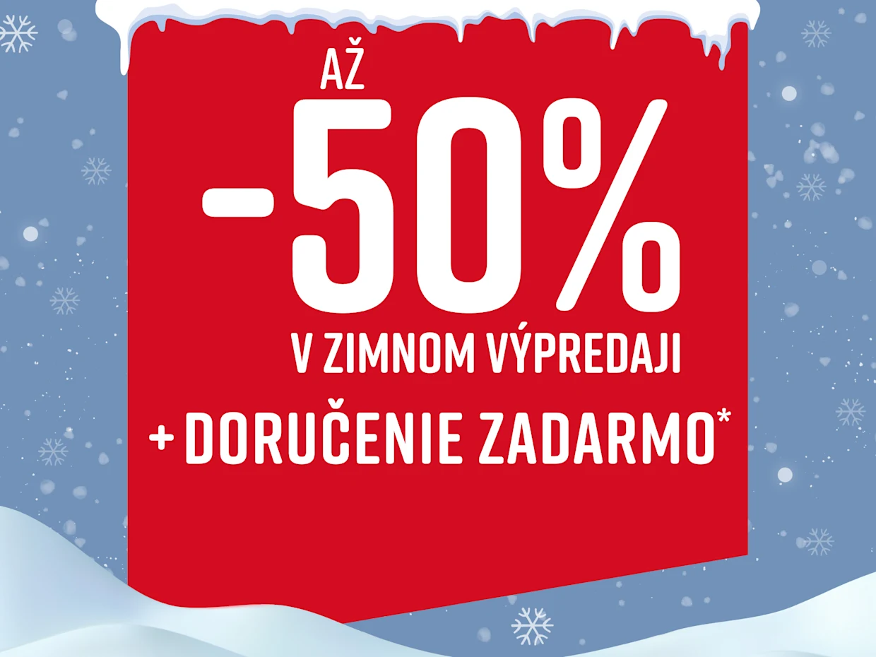 Červený reklamný banner s bielym textom oznamujúci zľavu až 50 % a bezplatné doručenie počas zimného výpredaja. V pozadí sú viditeľné snehové vločky a sneh.