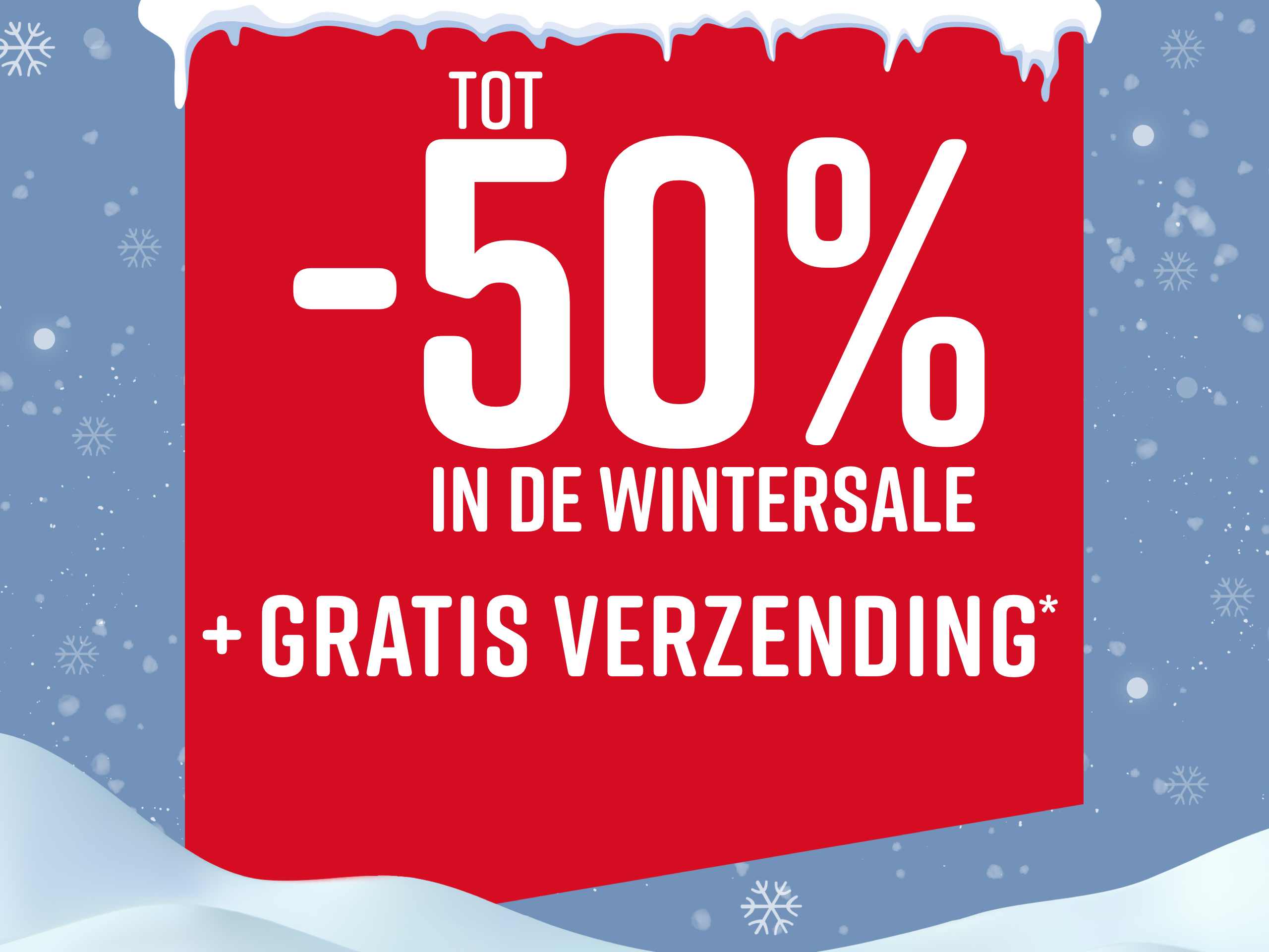 Rode reclamebanner met witte tekst die tot 50% korting en gratis verzending tijdens de wintersale aankondigt. Sneeuwvlokken en sneeuw zijn op de achtergrond zichtbaar.