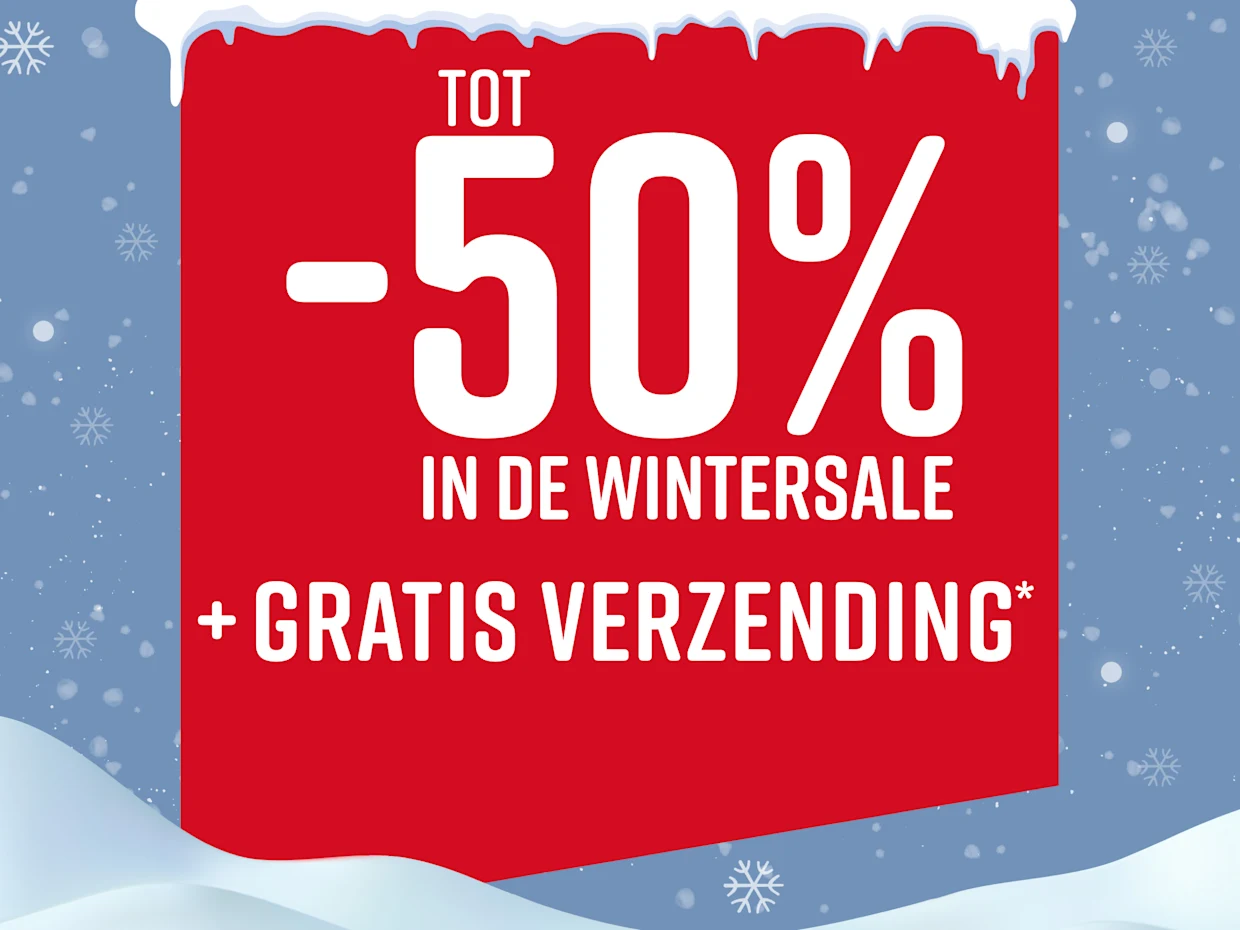 Rode reclamebanner met witte tekst die tot 50% korting en gratis verzending tijdens de wintersale aankondigt. Sneeuwvlokken en sneeuw zijn op de achtergrond zichtbaar.