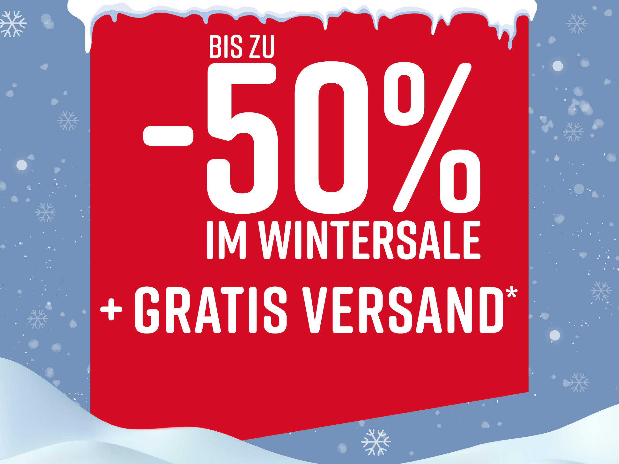 Roter Werbebanner mit weißem Text, der bis zu 50% Rabatt und kostenlosen Versand im Wintersale ankündigt. Schneeflocken und Schnee sind im Hintergrund sichtbar.