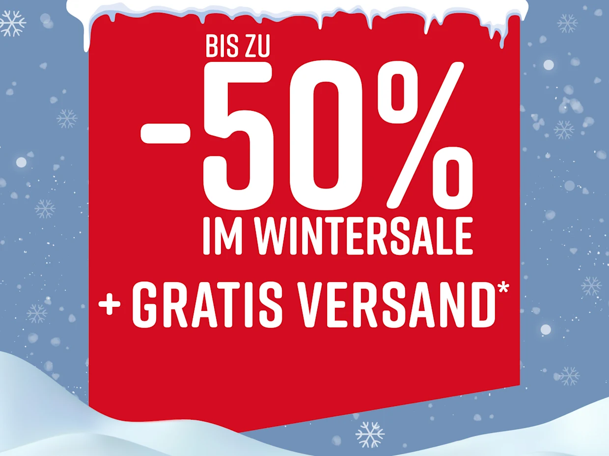 Roter Werbebanner mit weißem Text, der bis zu 50% Rabatt und kostenlosen Versand im Wintersale ankündigt. Schneeflocken und Schnee sind im Hintergrund sichtbar.