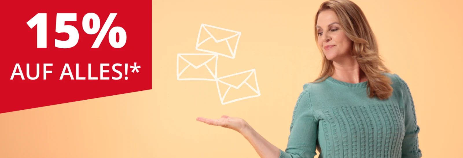 Frau in gruenem Strickpullover bewirbt Sieh an! Newsletter - 15 Prozent Frau in gruenem Strickpullover bewirbt Sieh an! Newsletter - 15 Prozent